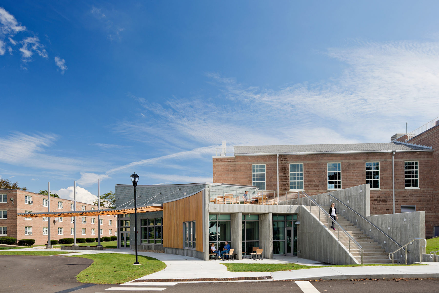 Exterior photo of building that showing exterior stair that leads to roof terrace