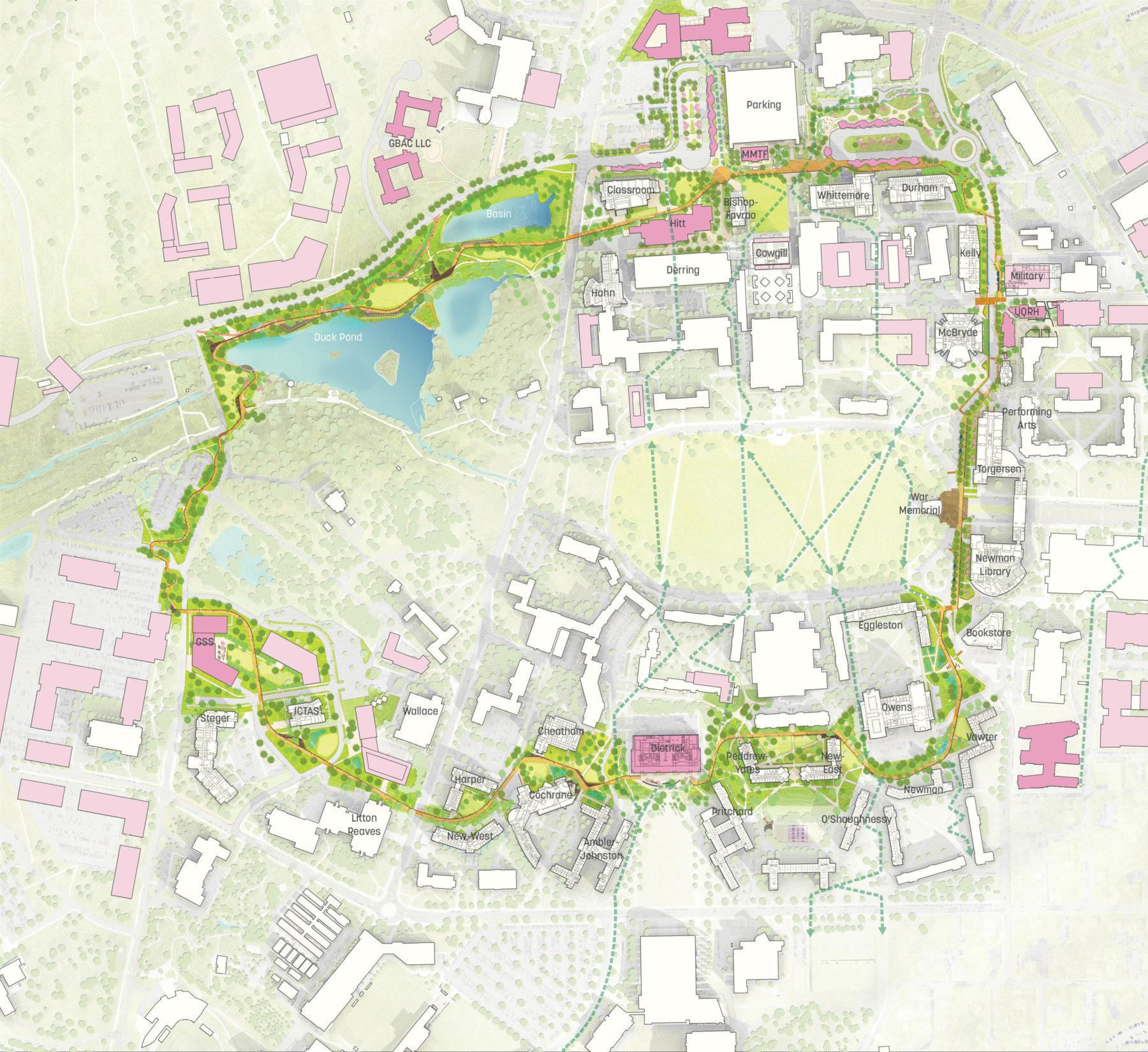 Diagram that shows the Infinite Loop, a 2.1-mile multi-modal, barrier-free corridor that connects Virginia Tech’s past, present, and future.