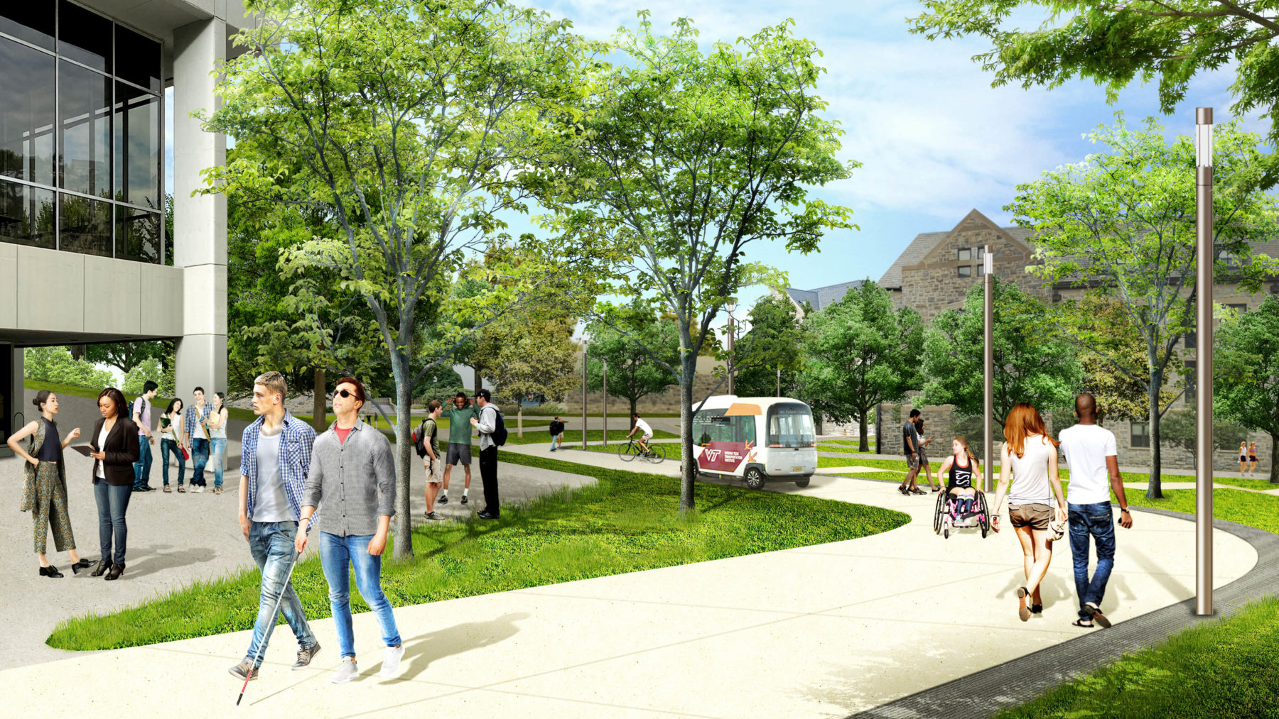 Rendering of the same space with a new, accessible path. Blind users and users in wheelchairs travel along the path together