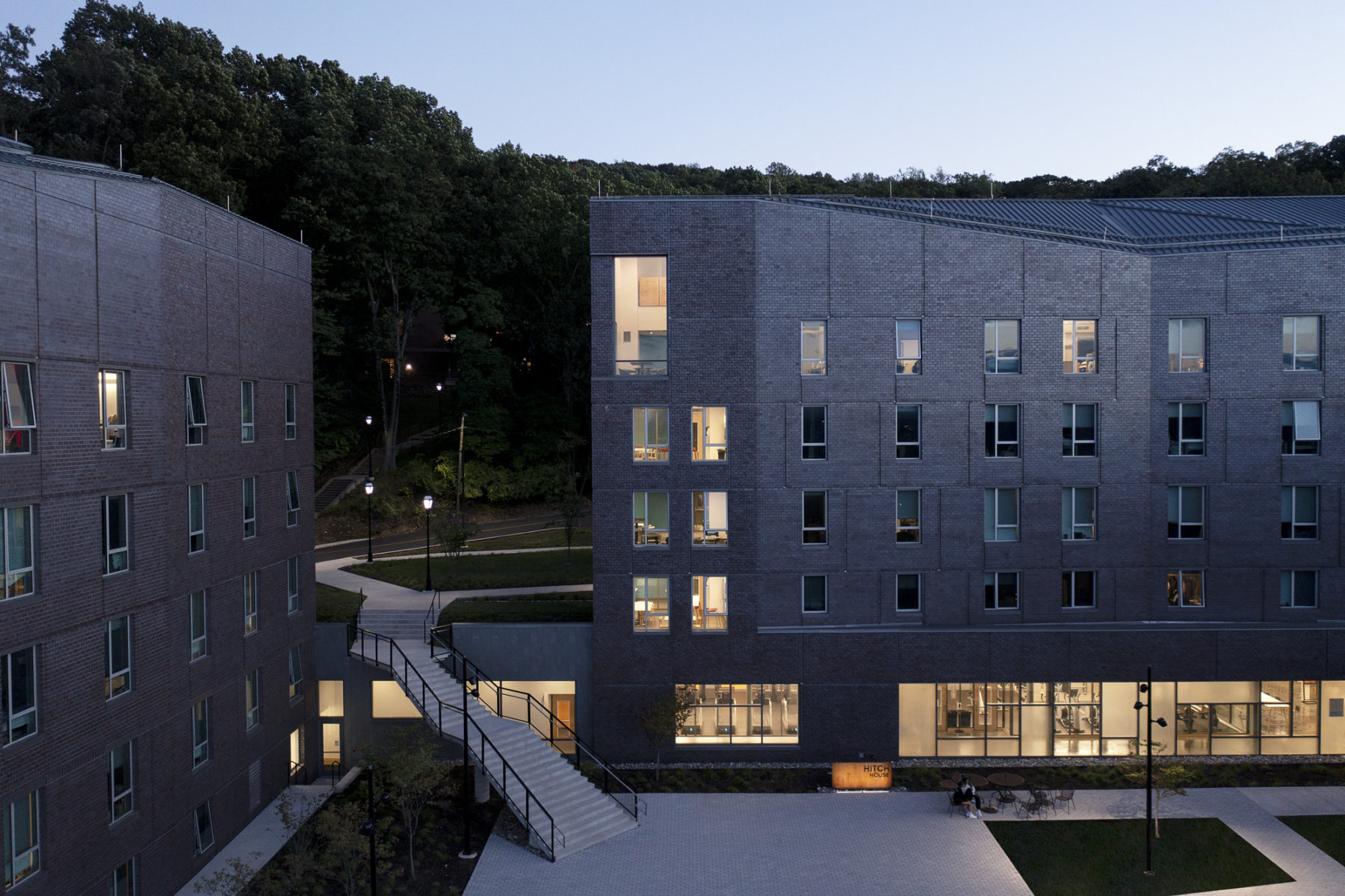 photograph of residence hall at night