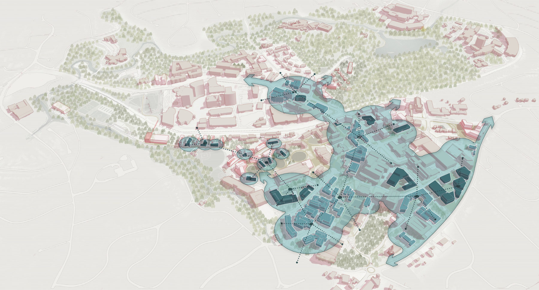 aerial diagram highlighting the campus' academic core