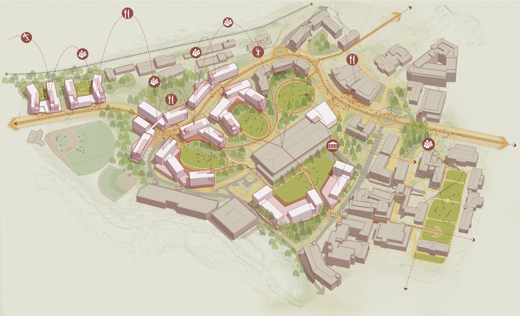 aerial diagram of campus core buildings