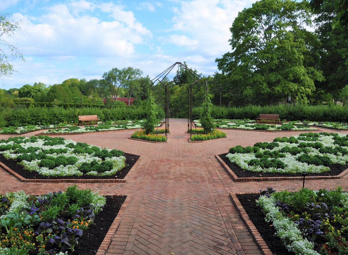 Plaza with multiple garden beds embedded in the pathways