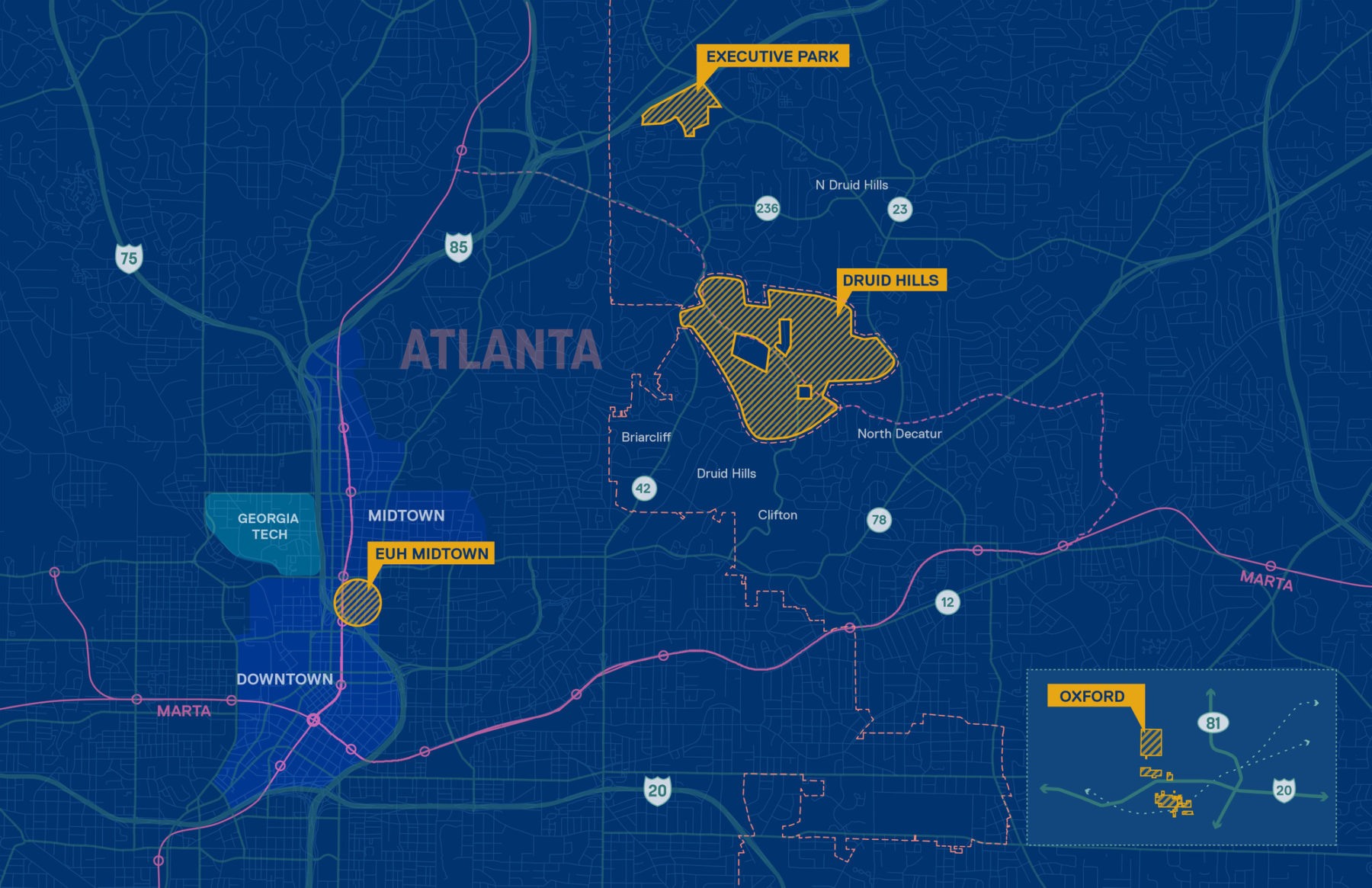 plan diagram showing the three campuses in the greater Atlanta area