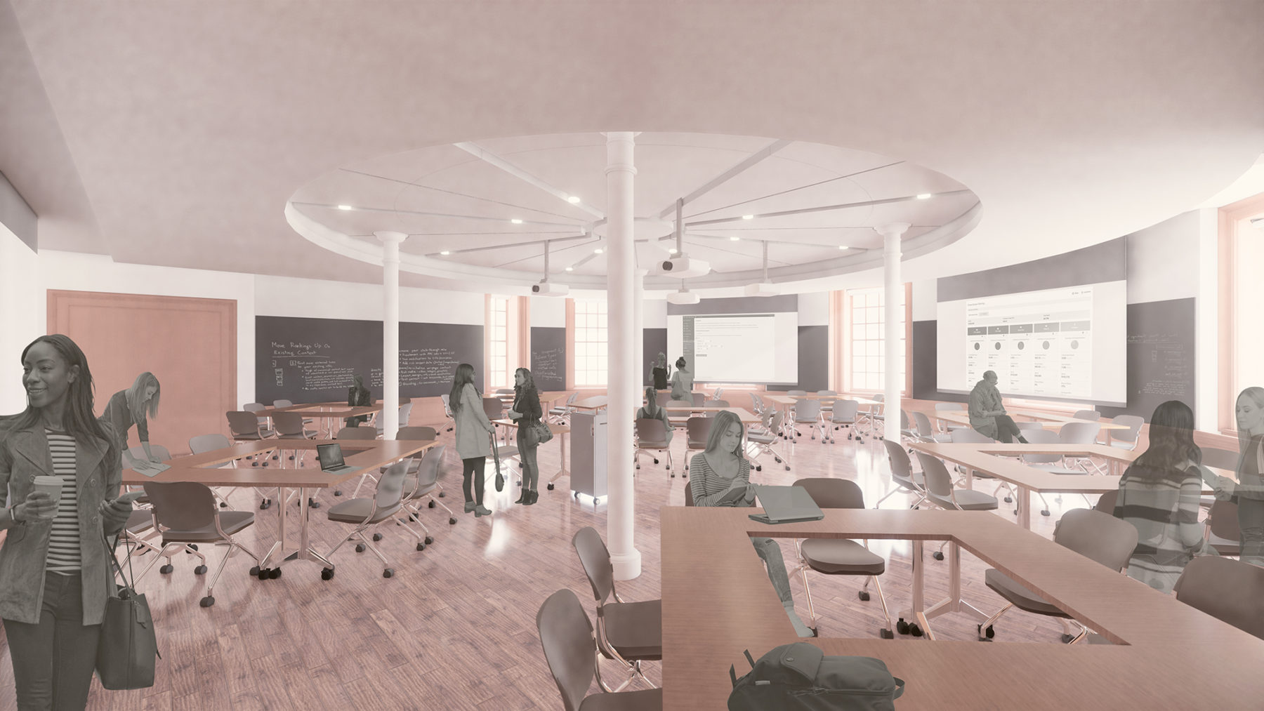 Rendering of students in a circular classroom