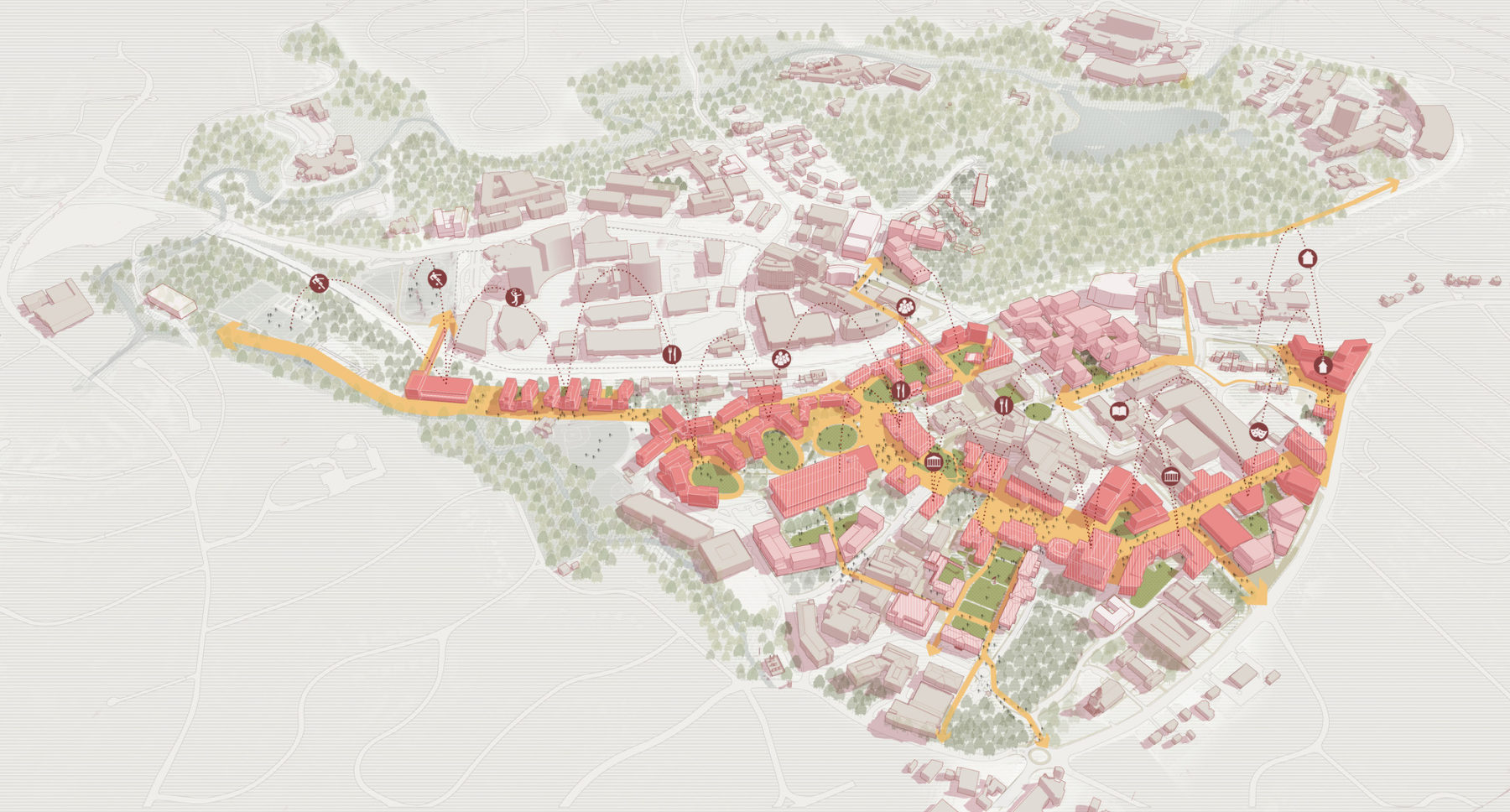 aerial diagram highlighting the student life amenities on campus