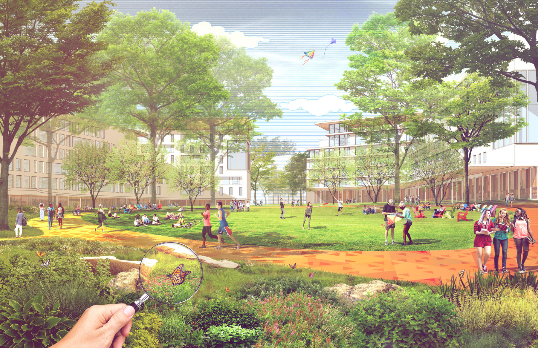 rendering of quad in student life district. a person holds a magnifying glass to a butterfly in the foreground