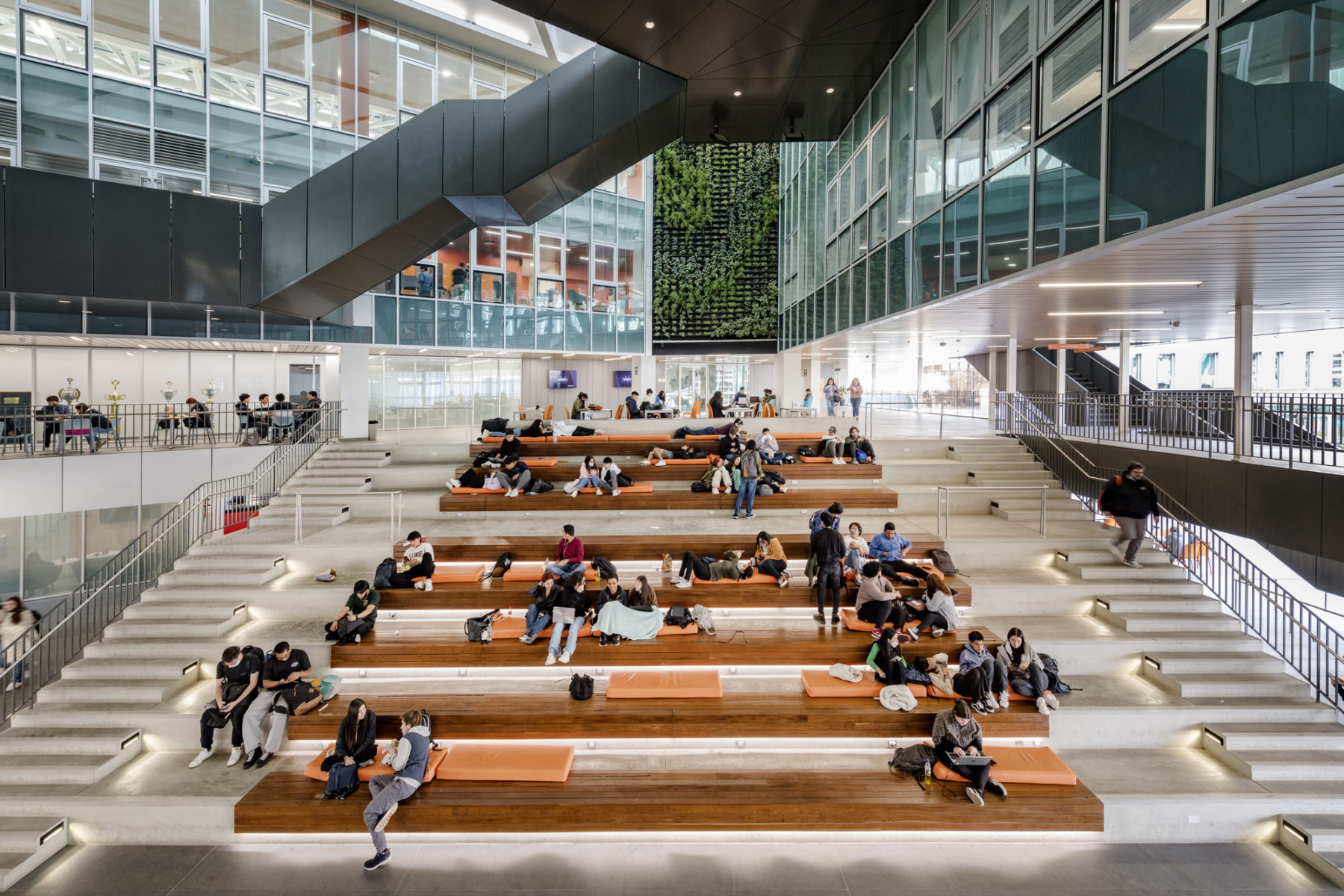 elevational interior photo of amphitheater in the atrium students sit in clusters on all levels of seating