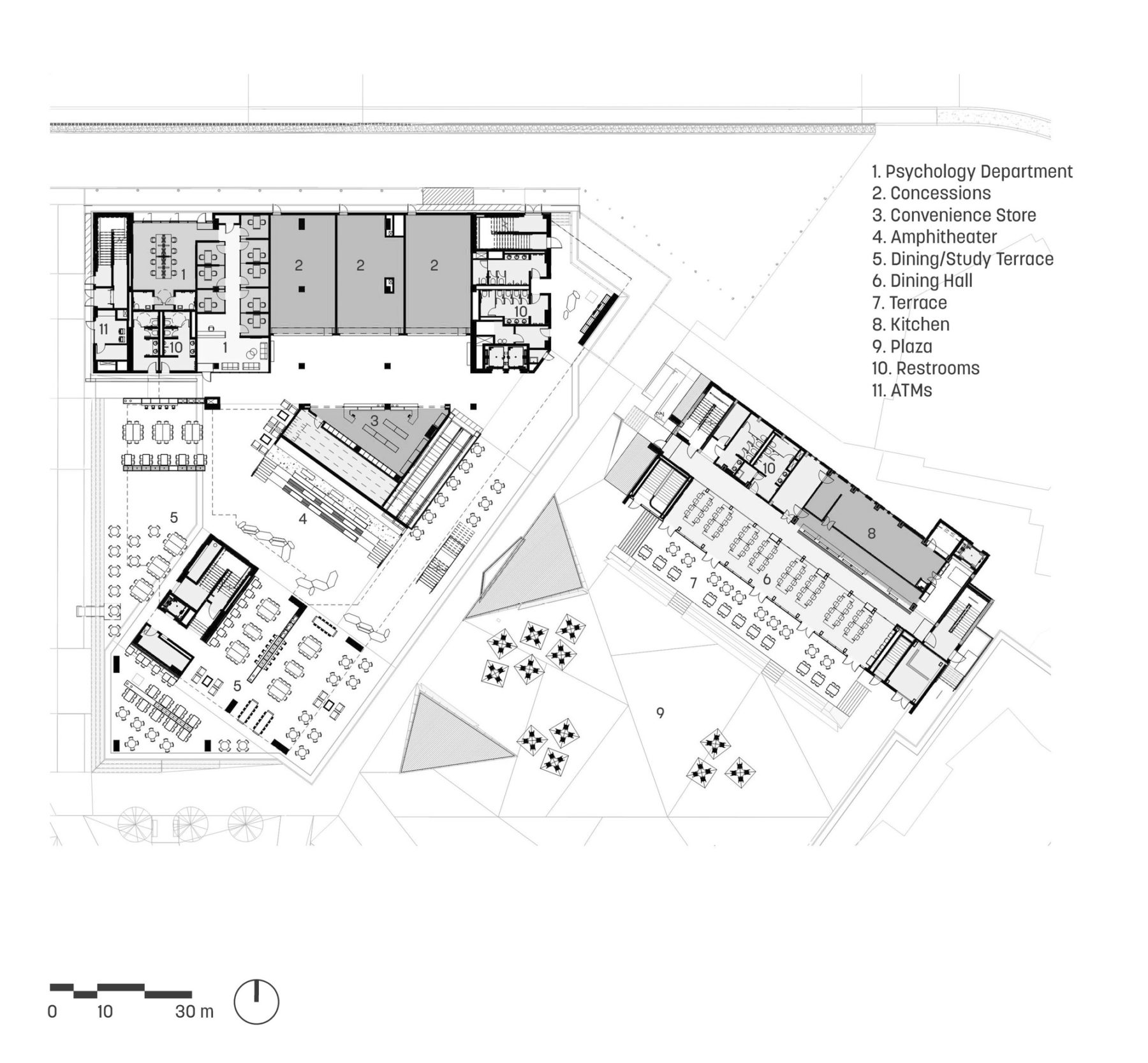 floor plan of building with major program spaces labeled