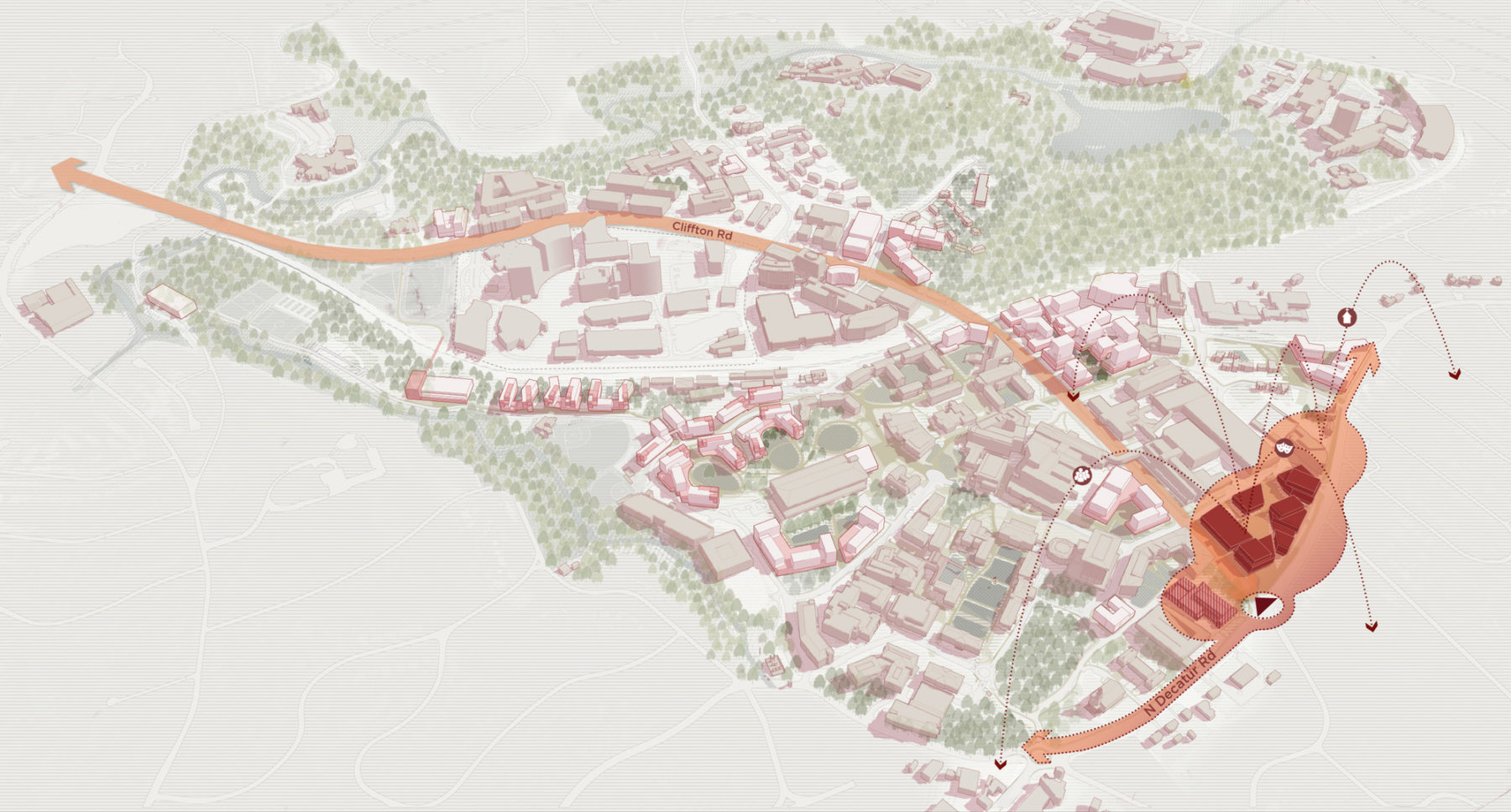 aerial diagram highlighting the arts corridor on campus