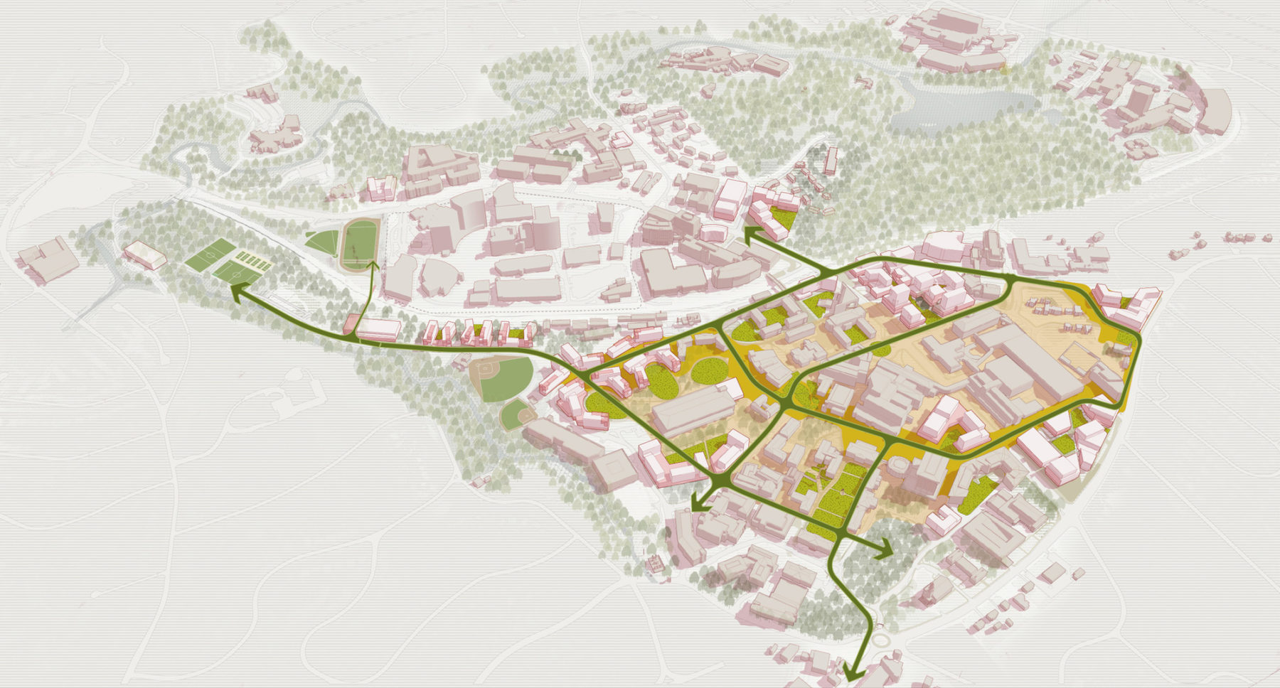 aerial diagram highlighting the campus open space system