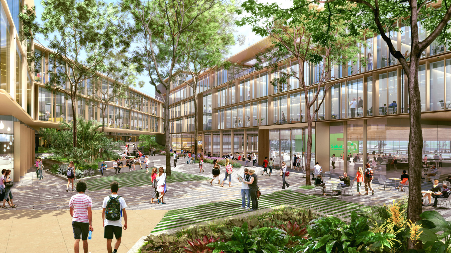 Rendering of people walking through bustling plaza in between proposed buildings