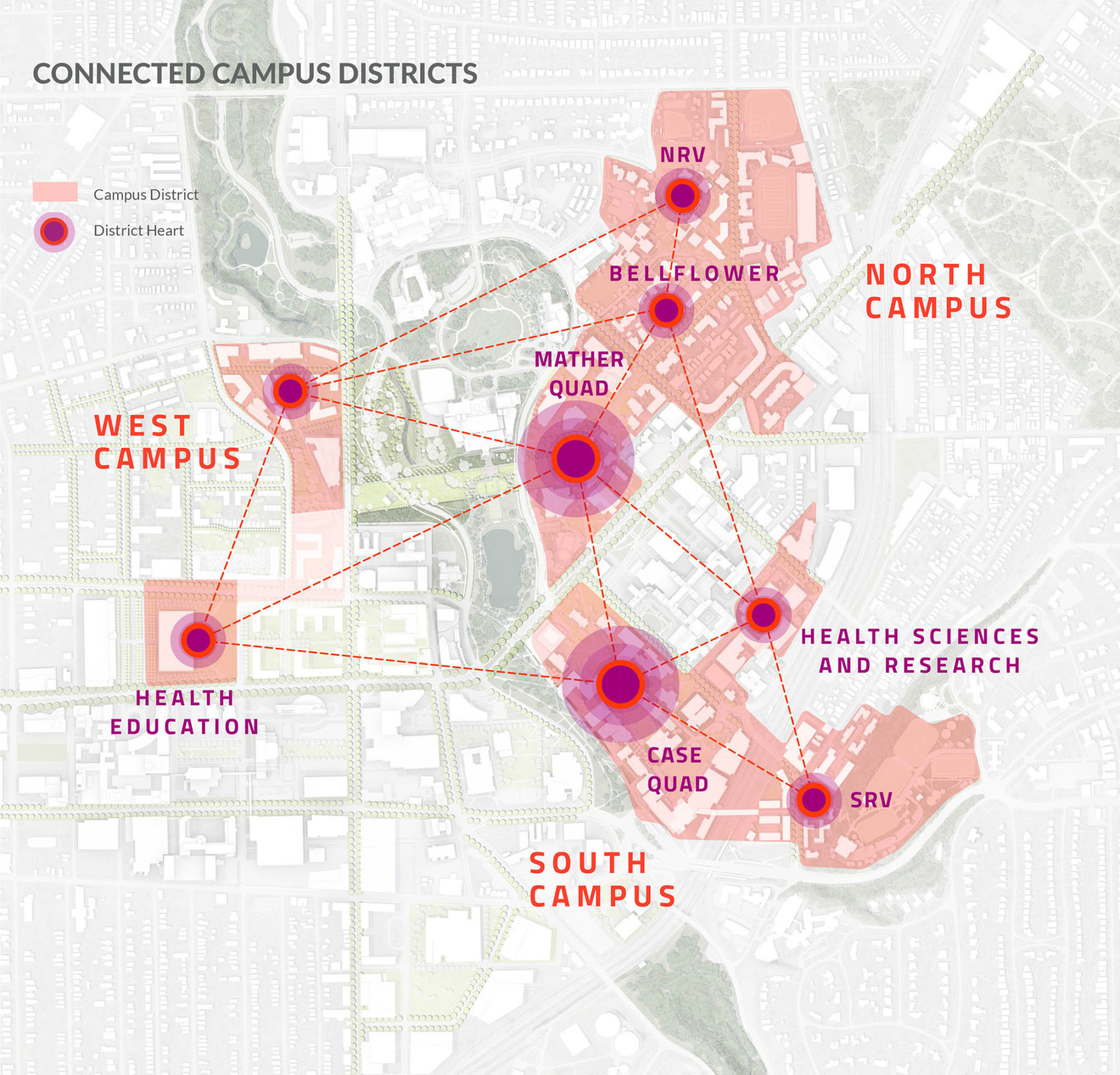 plan diagram that highlights campus districts and shows the connections between them