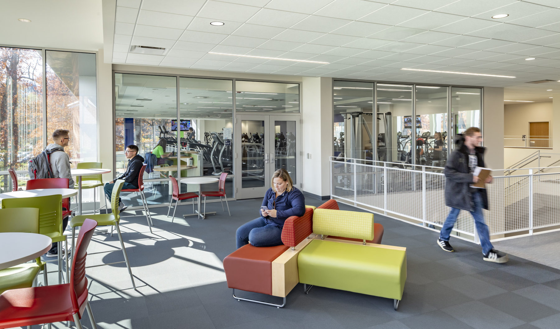 upper level seating area in rec center, outside weight room