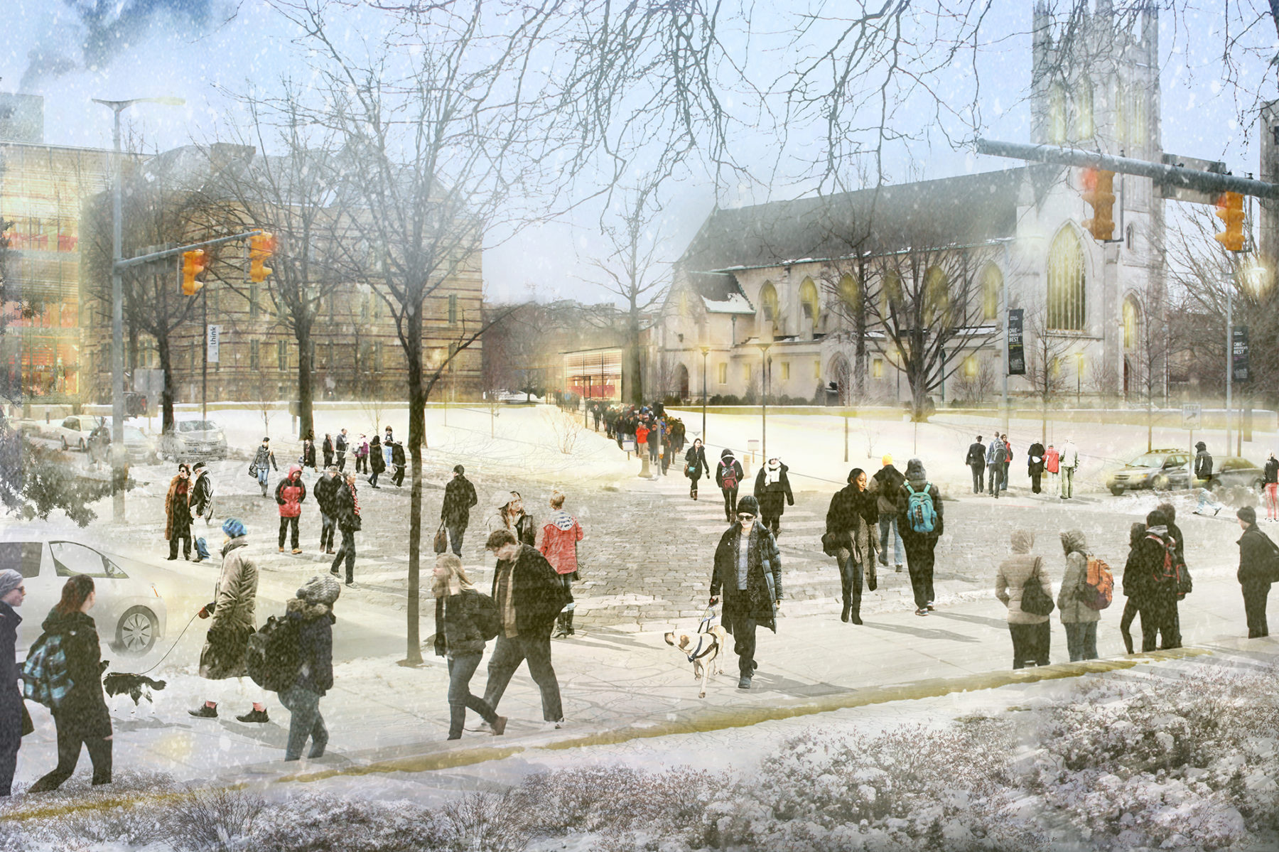 Rendering of bustling campus intersection in the winter