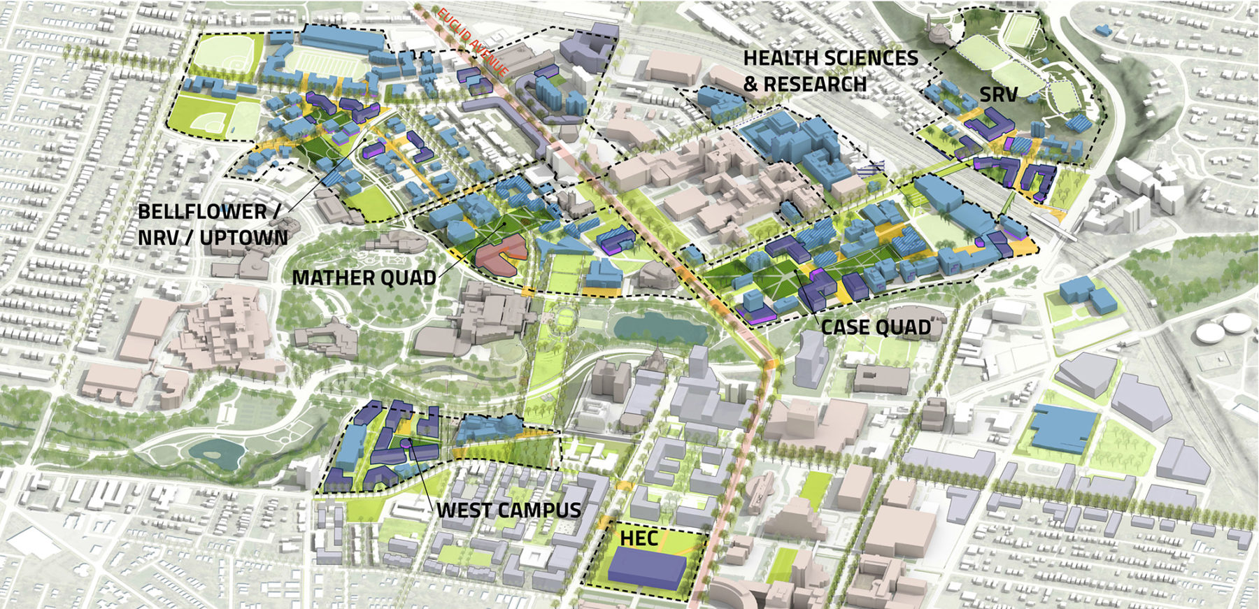 Aerial axon of campus that labels the different campus districts