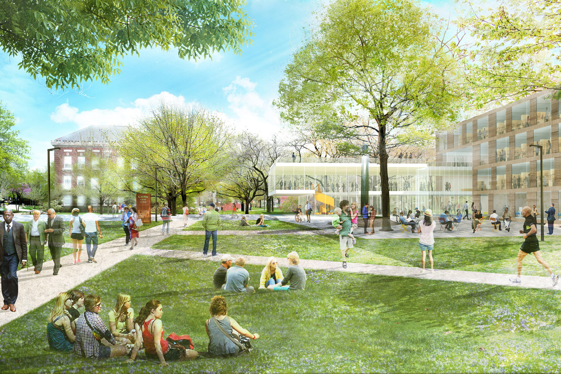 rendering of campus quad with groups of students sitting on the grass