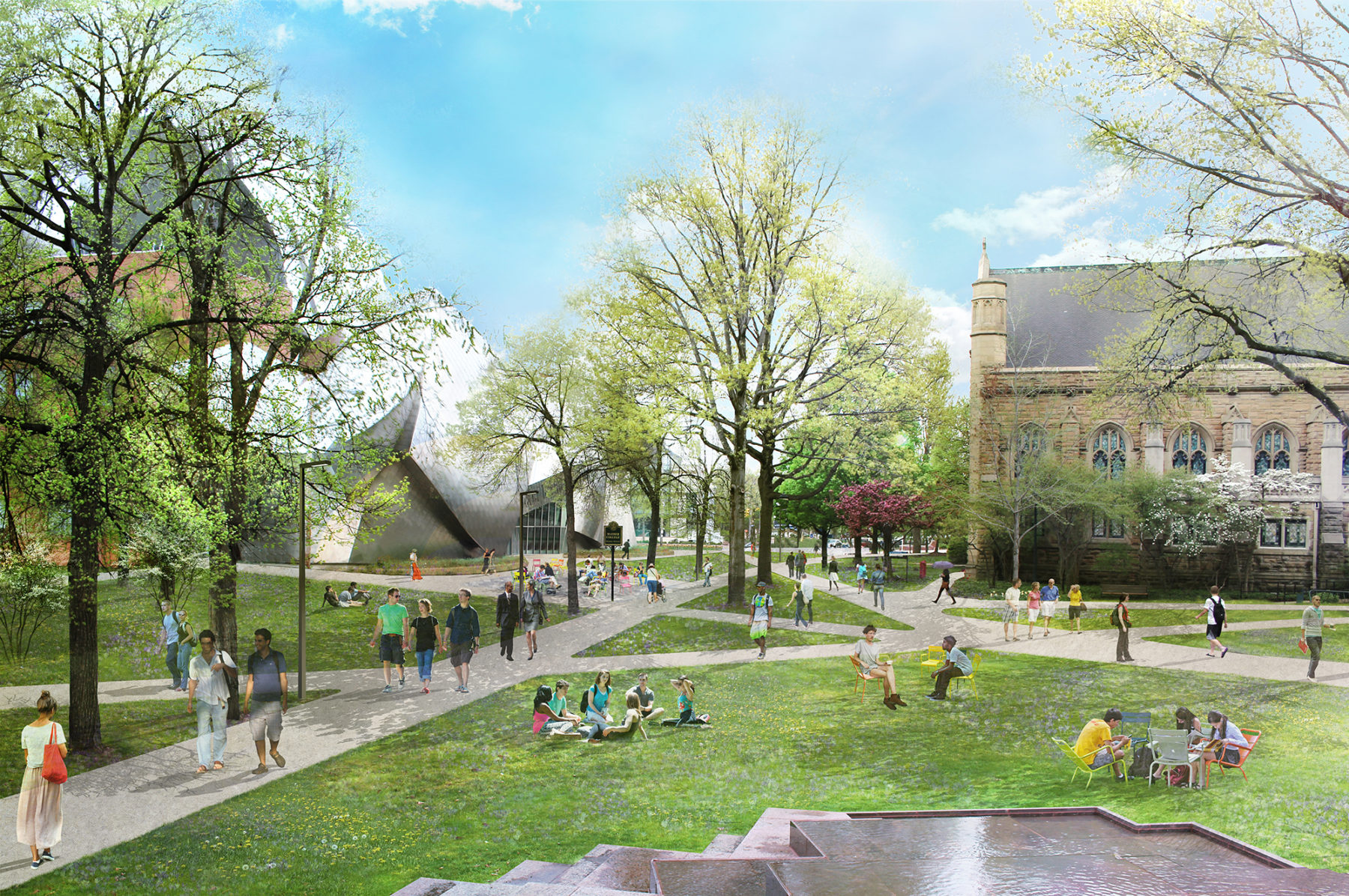 Rendering of campus quad with two converging paths