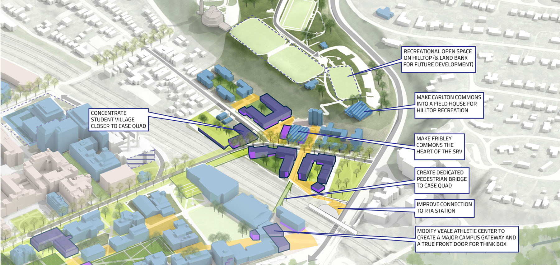 Aerial axon of campus district with callouts for improvements