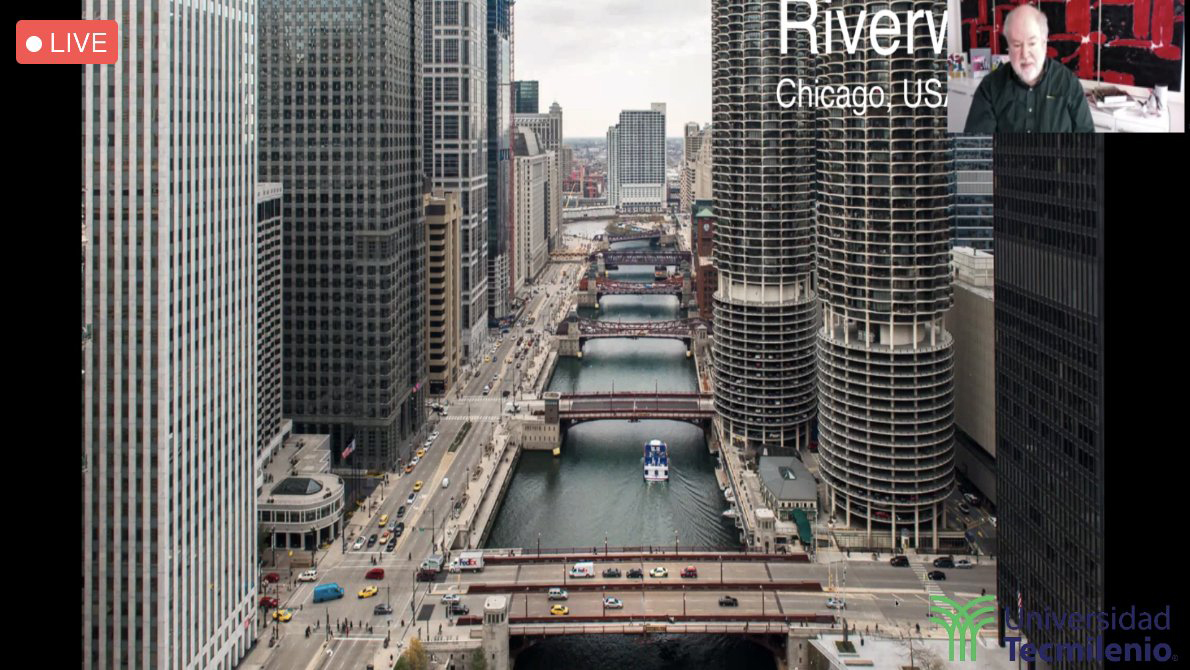 Screenshot of Zoom presentation showing the Chicago Riverwalk