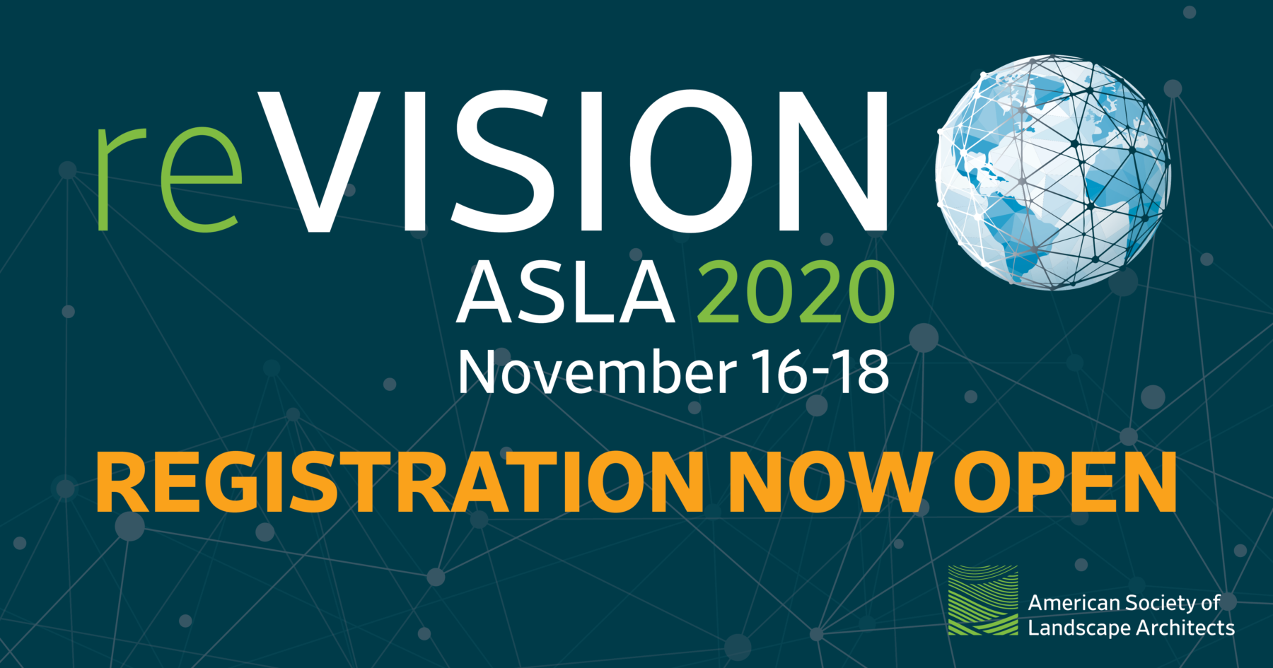 Poster for ASLA 2020 reVISION conference encouraging people to register
