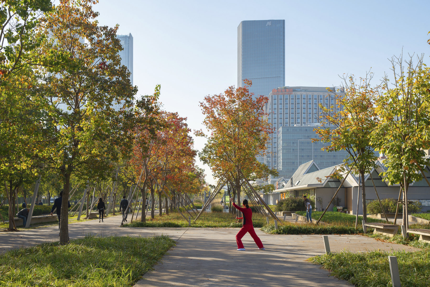 Person wearing red tracksuit doing tai chi in lush park with city visible in the background. Other people walk along paths nearby