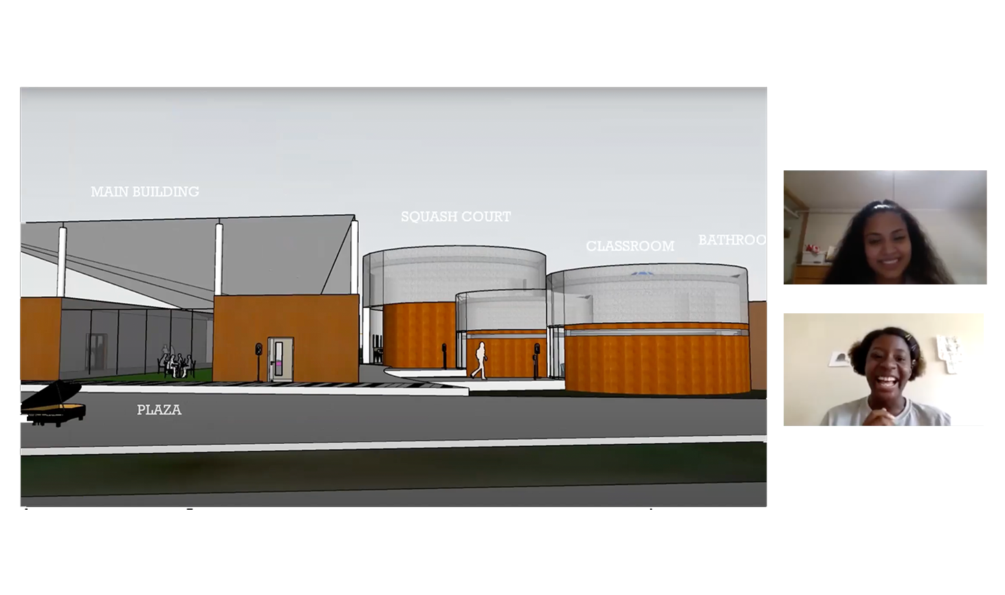 screenshot of a zoom meeting with two people presenting and an image of a rendering