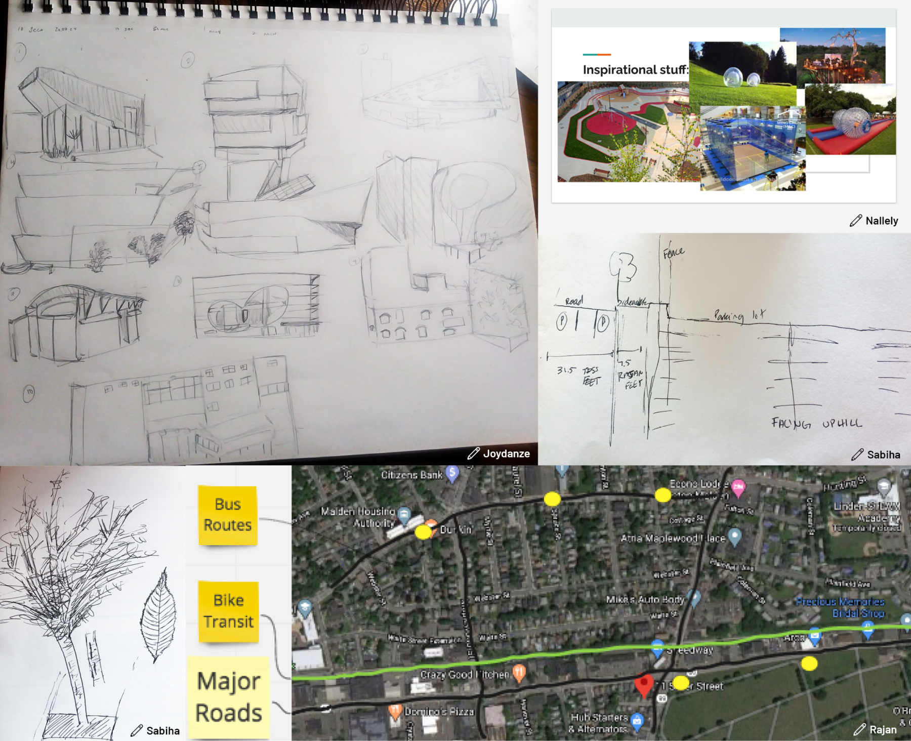 a collage of sketches and maps