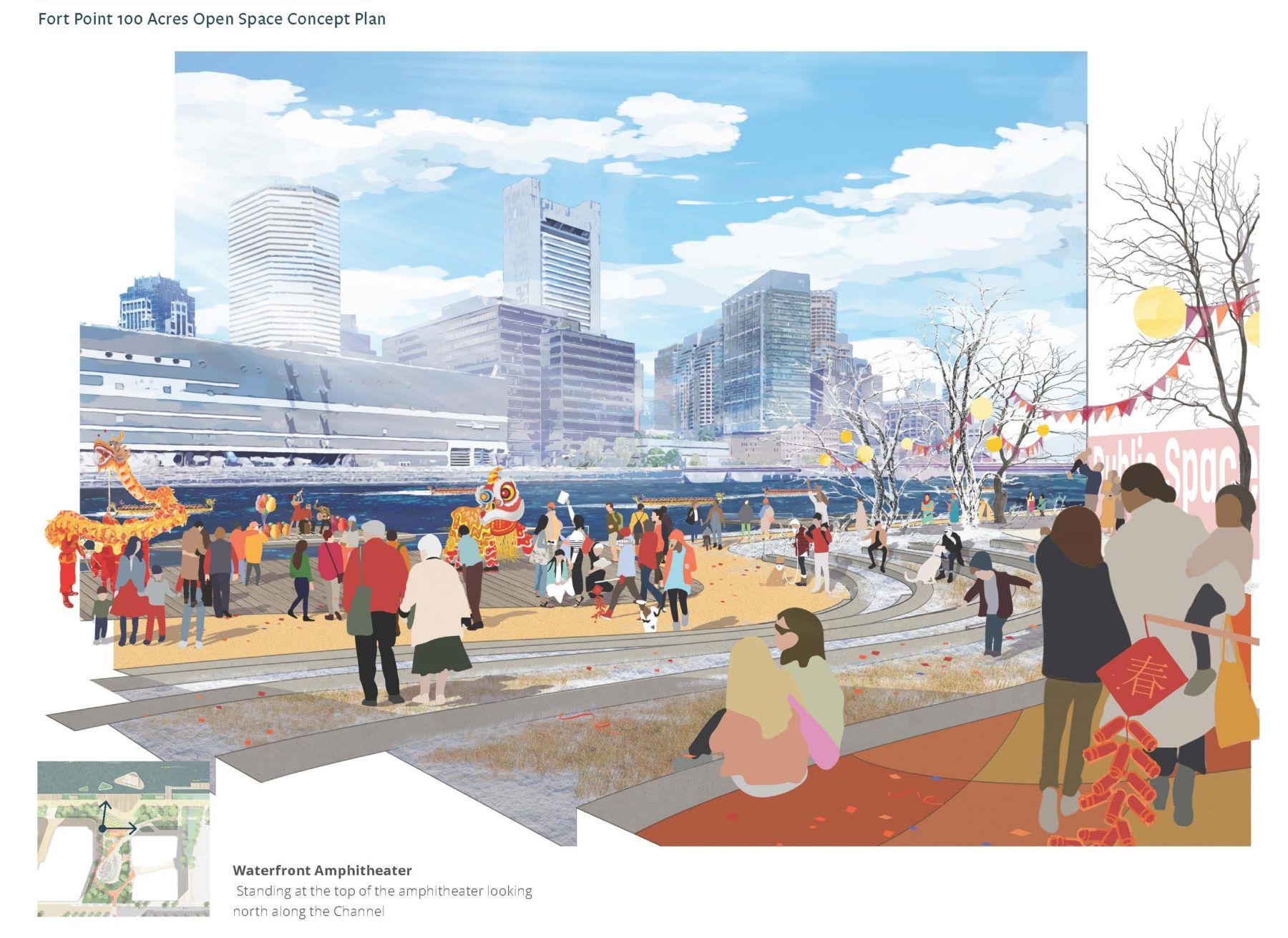 The Open Space Concept Plan envisions a network of public spaces for the Fort Point 100 Acres neighborhood that is welcoming and engaging for a broad range of users, from residents in the surrounding neighborhood, to residents of inland Boston neighborhoods such as Roxbury, Dorchester, Chinatown, to local workers and tourists.