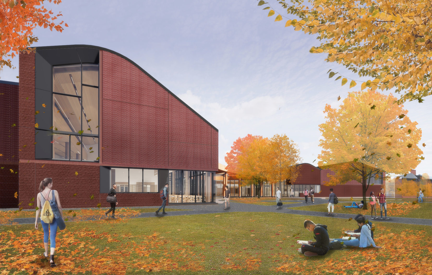 Exterior rendering during fall with students walking around new buildings