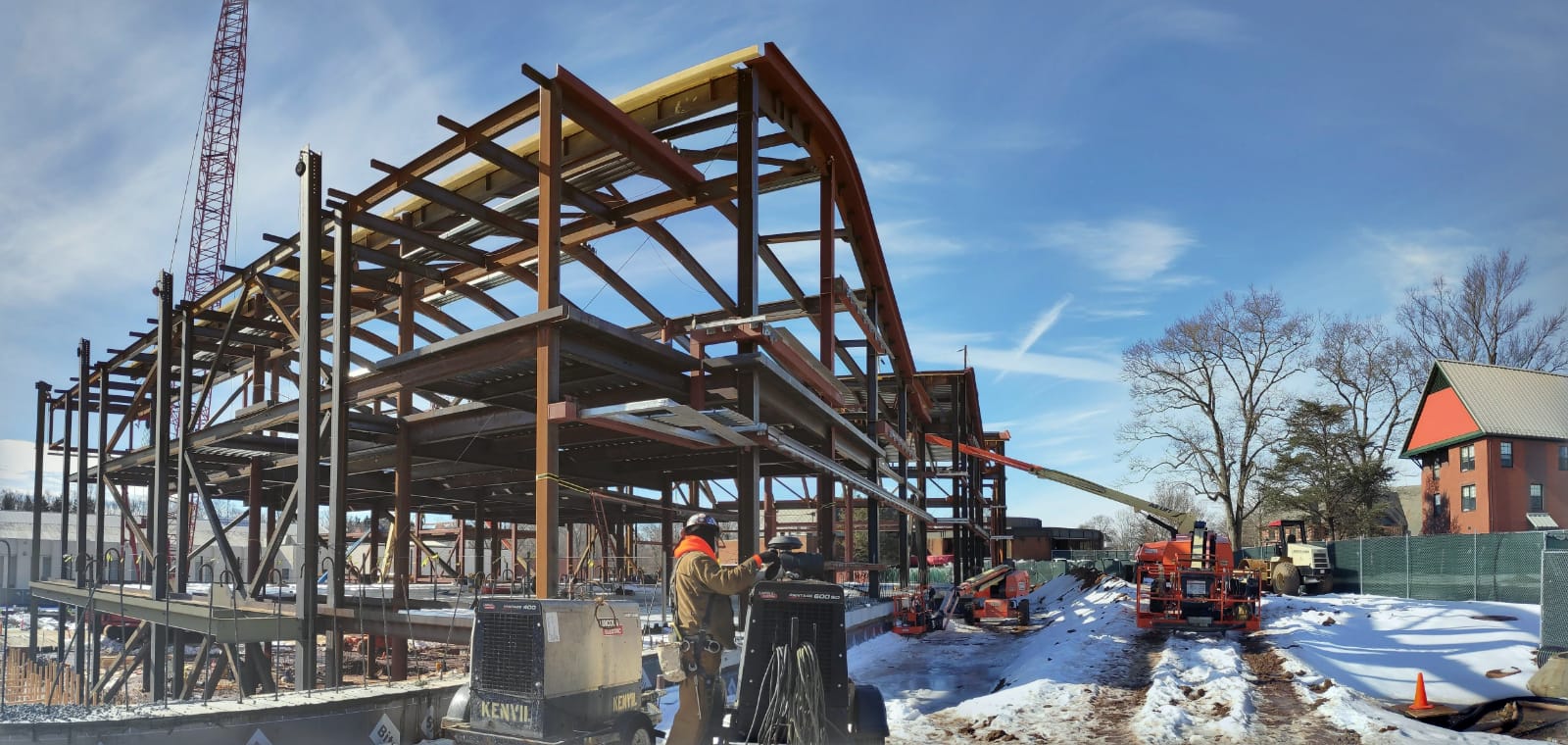 Construction photo showing steeel beams of building in place