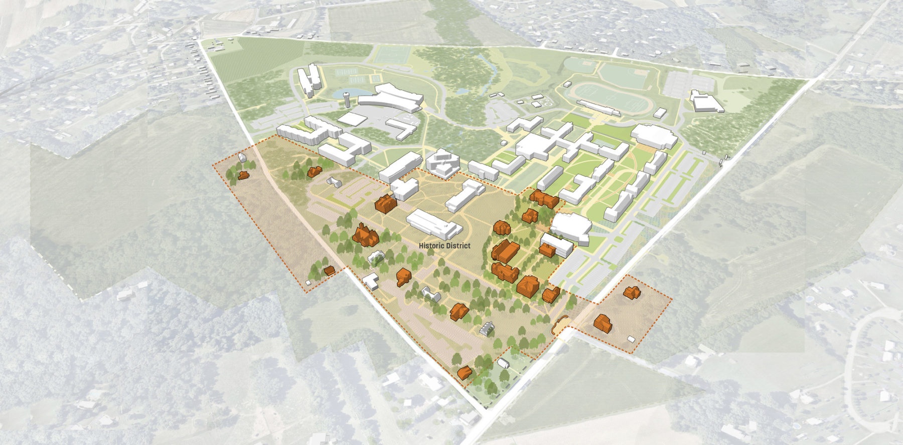 aerial perspective of overall campus