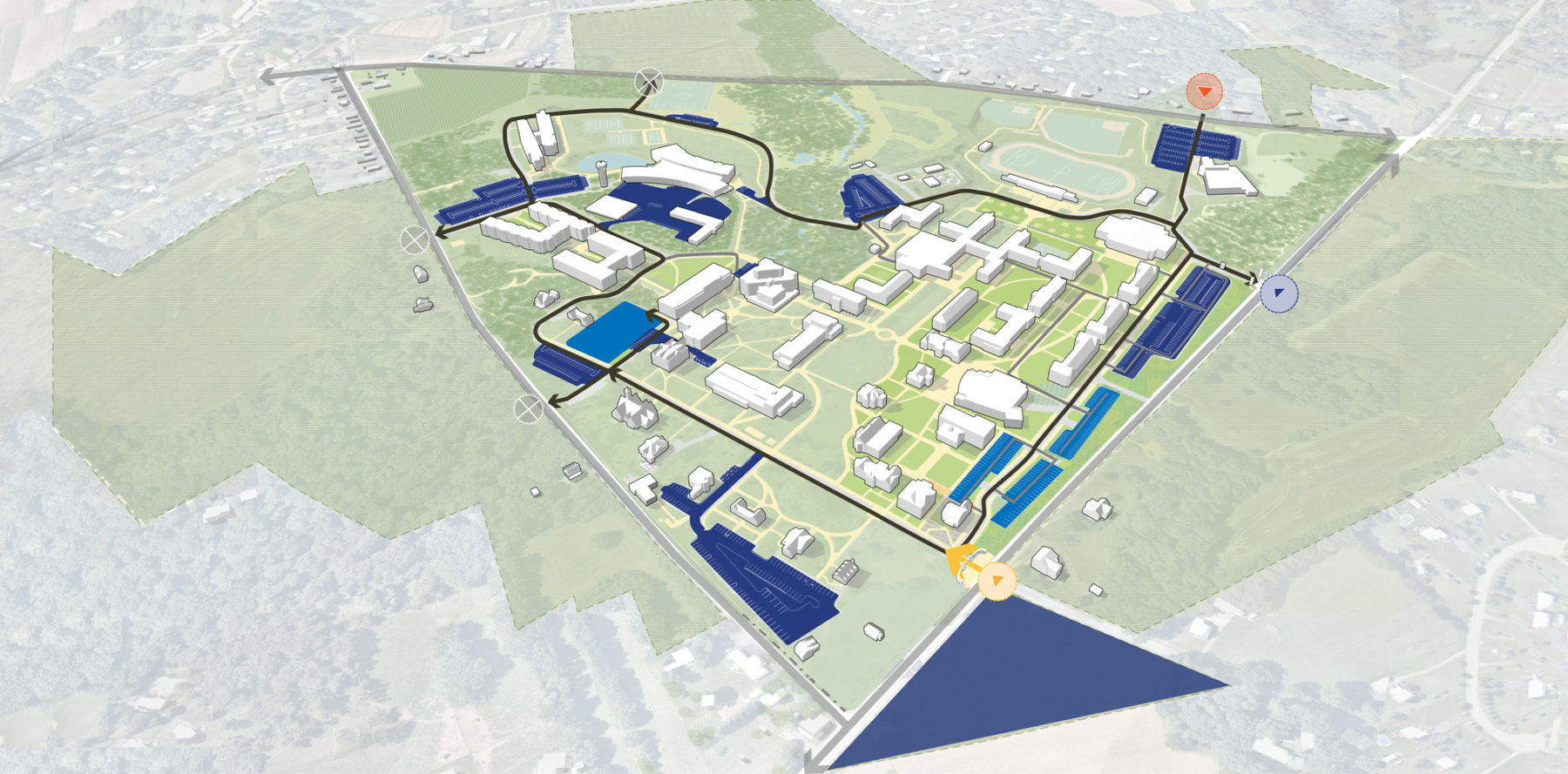 aerial perspective diagram highlighting campus mobility