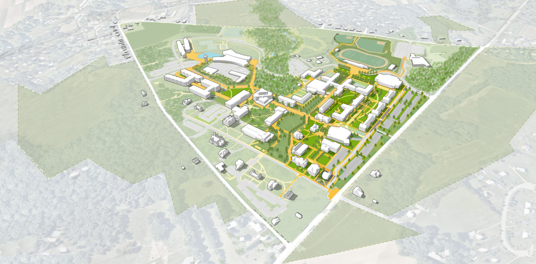 aerial perspective diagram highlighting campus open space