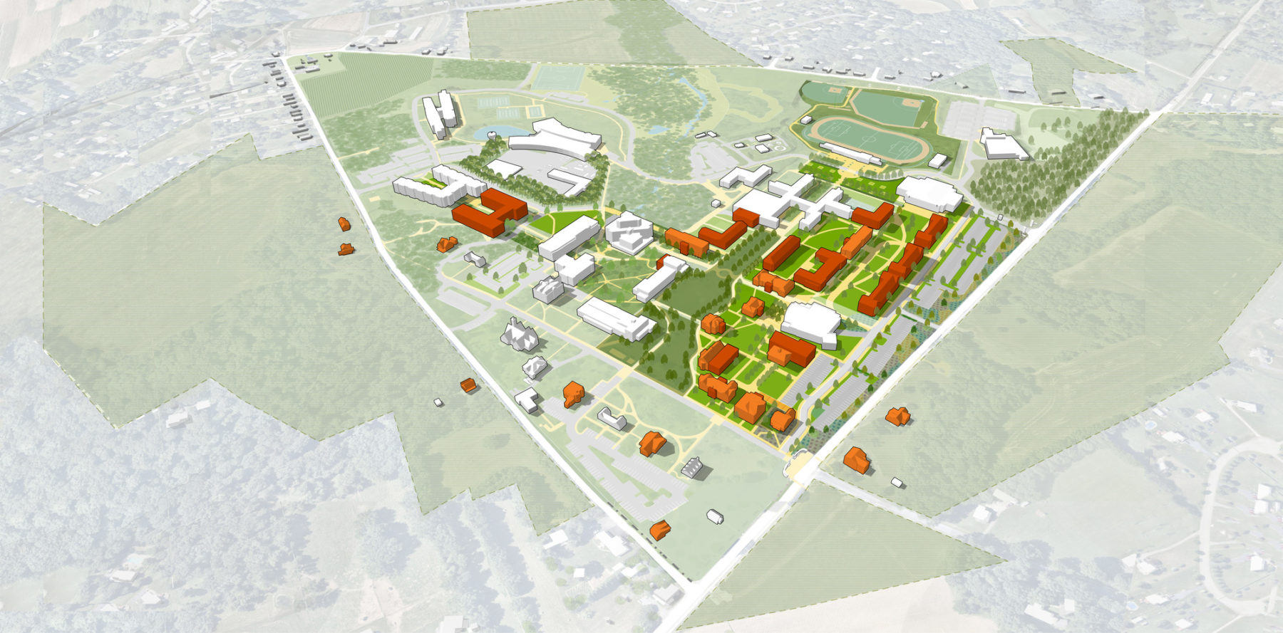 aerial perspective drawing showing overall campus framework