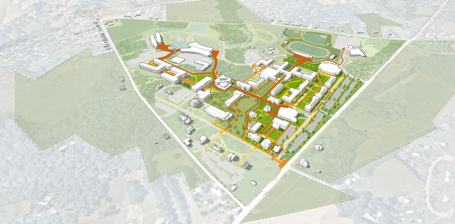 aerial perspective diagram highlighting pedestrian paths