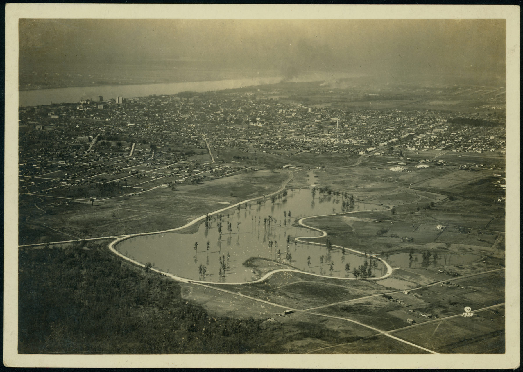 Black and white aerial photo of the lakes after they were completed in the 1930s