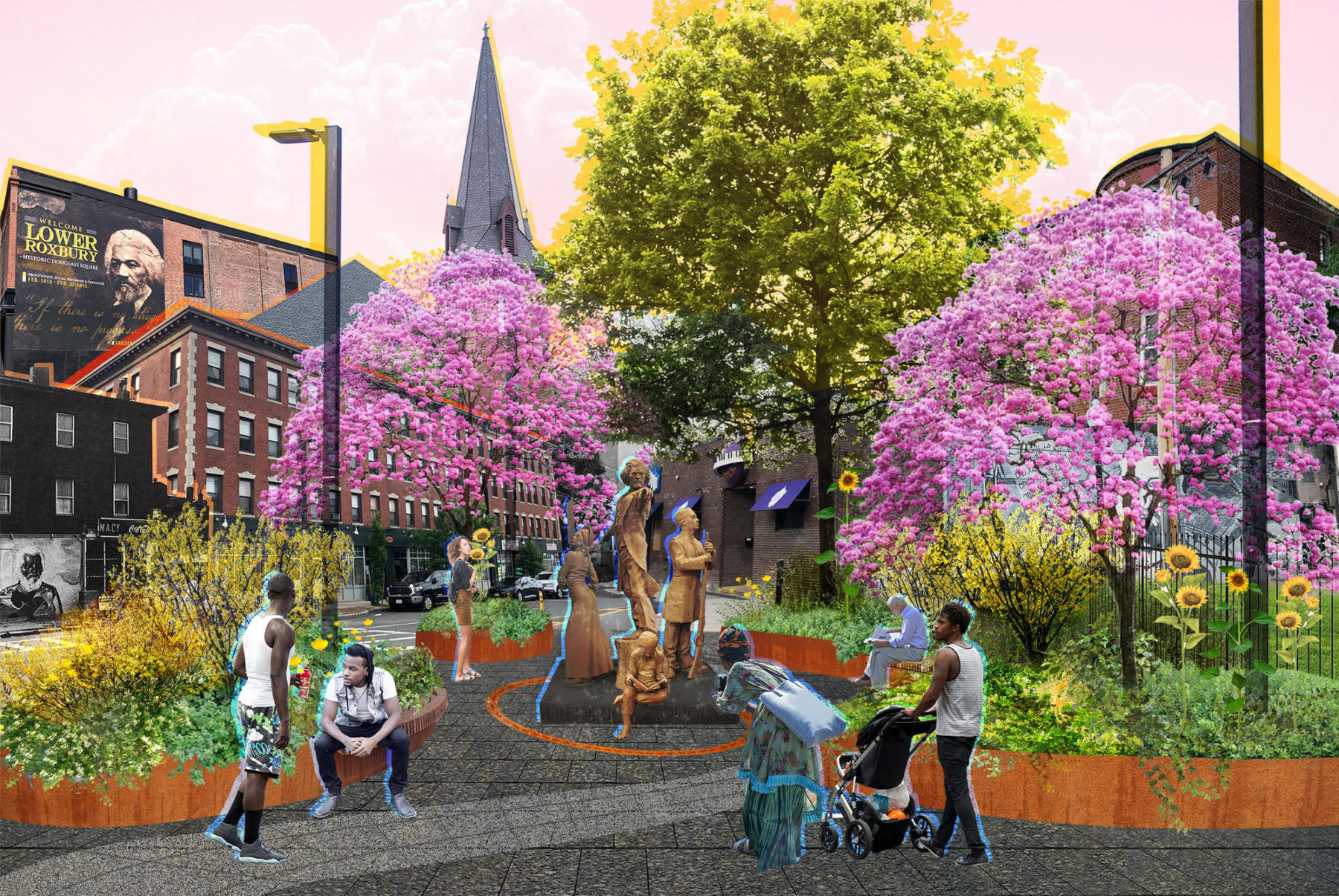 Rendering showing people in colorful park surrounding statue of Frederick Douglass