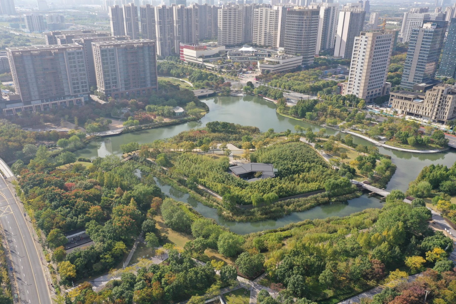 Aerial photograph of park with city beyond