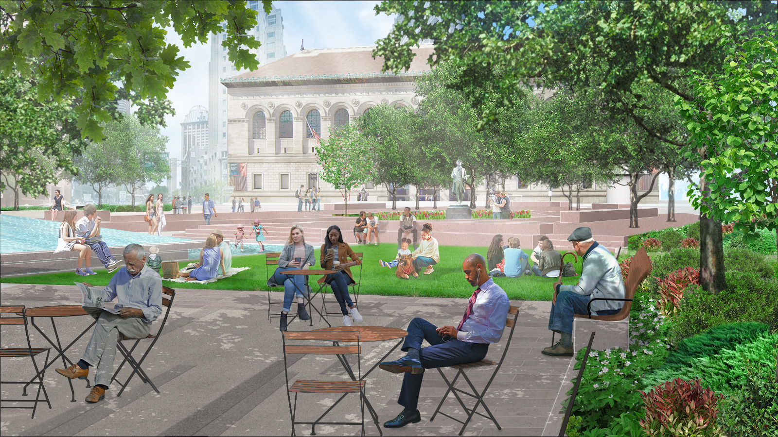 Eye-level illustration of new Copley Square Space with seating area and grass