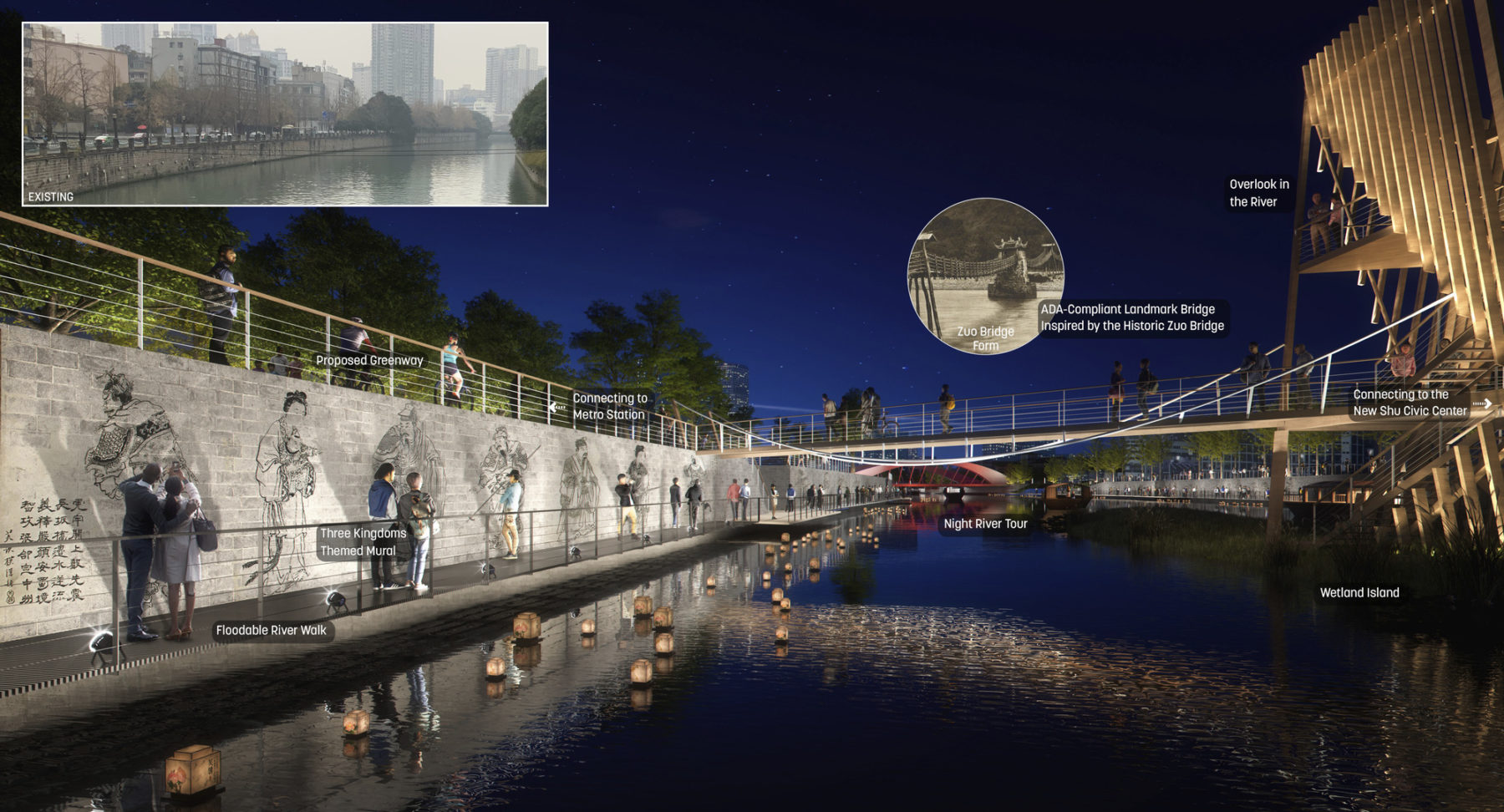 rendering of proposed river condition at night. people walk along the path, lanterns float in the water. in the upper left cornering is an inset picture of the existing conditions