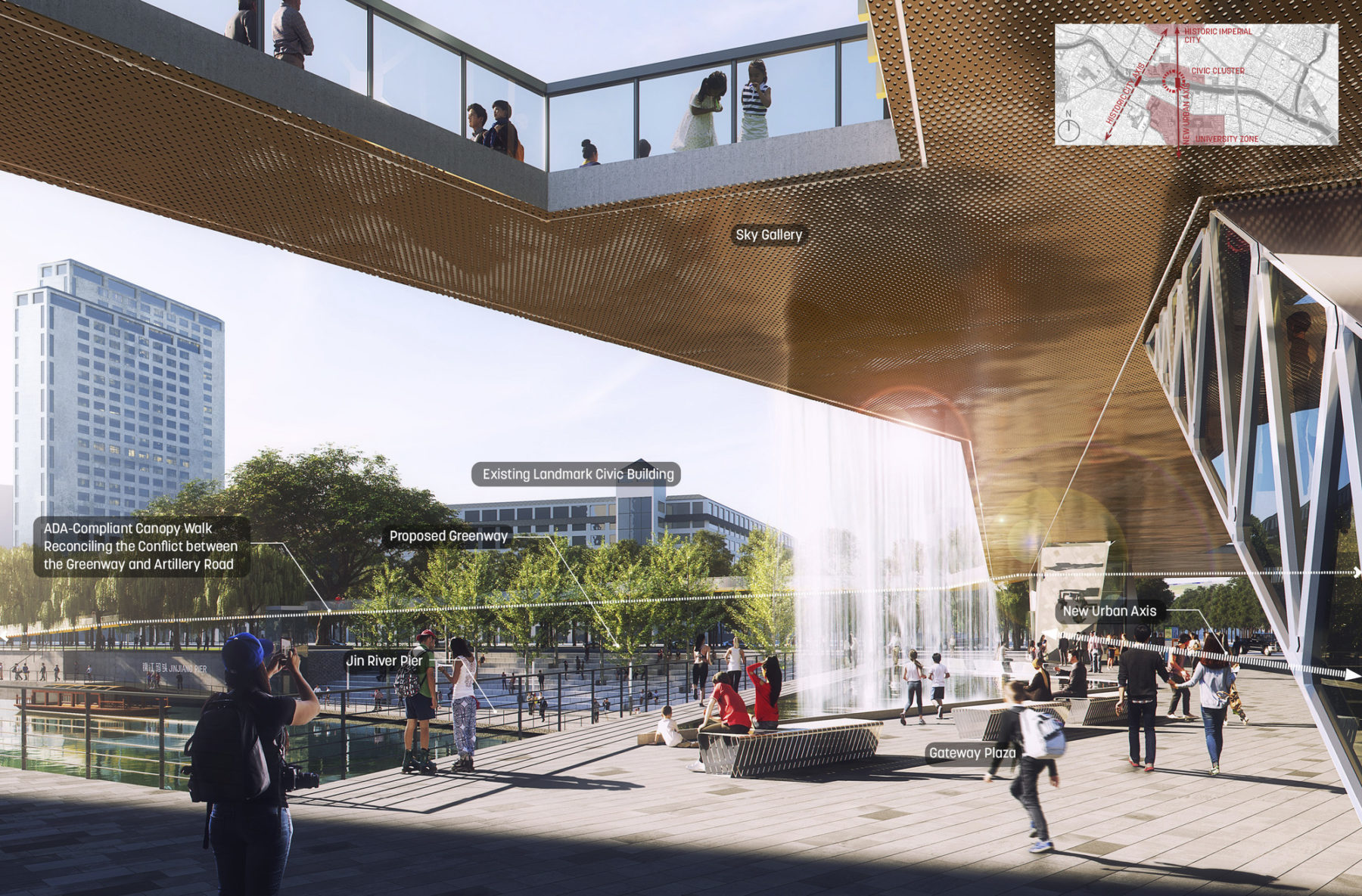 rendering of proposed vision for the site. people walk along the sky walk at the top of frame and major site features are annotated on the image.