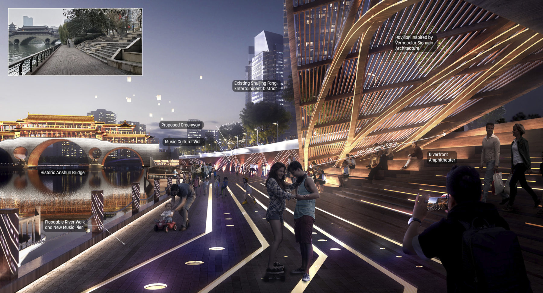 rendering of riverfront ampitheater at night. major features are annotate and in the upper left corner is an inset picture of the existing conditions