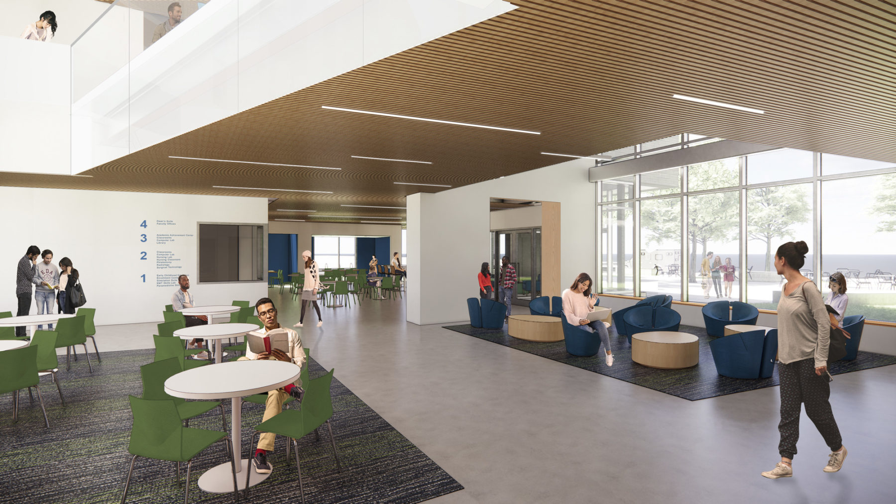 Interior rendering of building's lobby, students sit at arm chairs and small tables