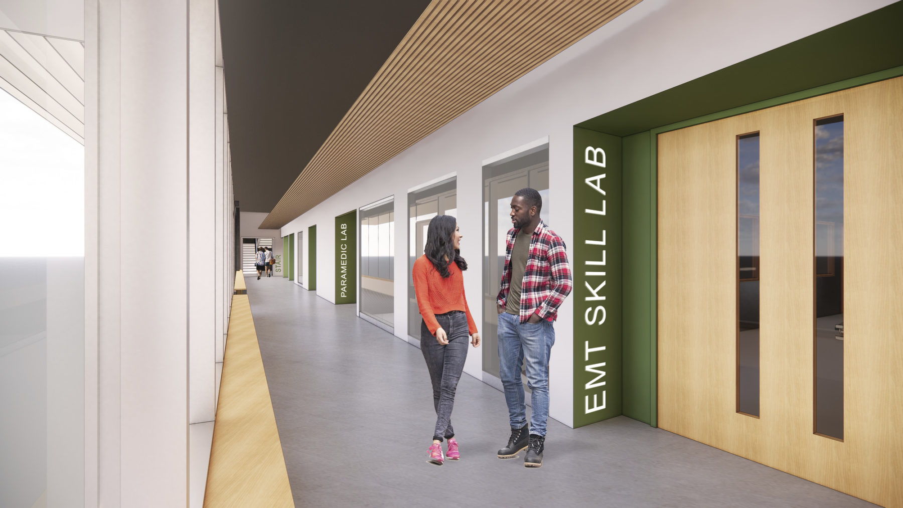 interior rendering of building corridor, two students talk to each other outside one of the labs