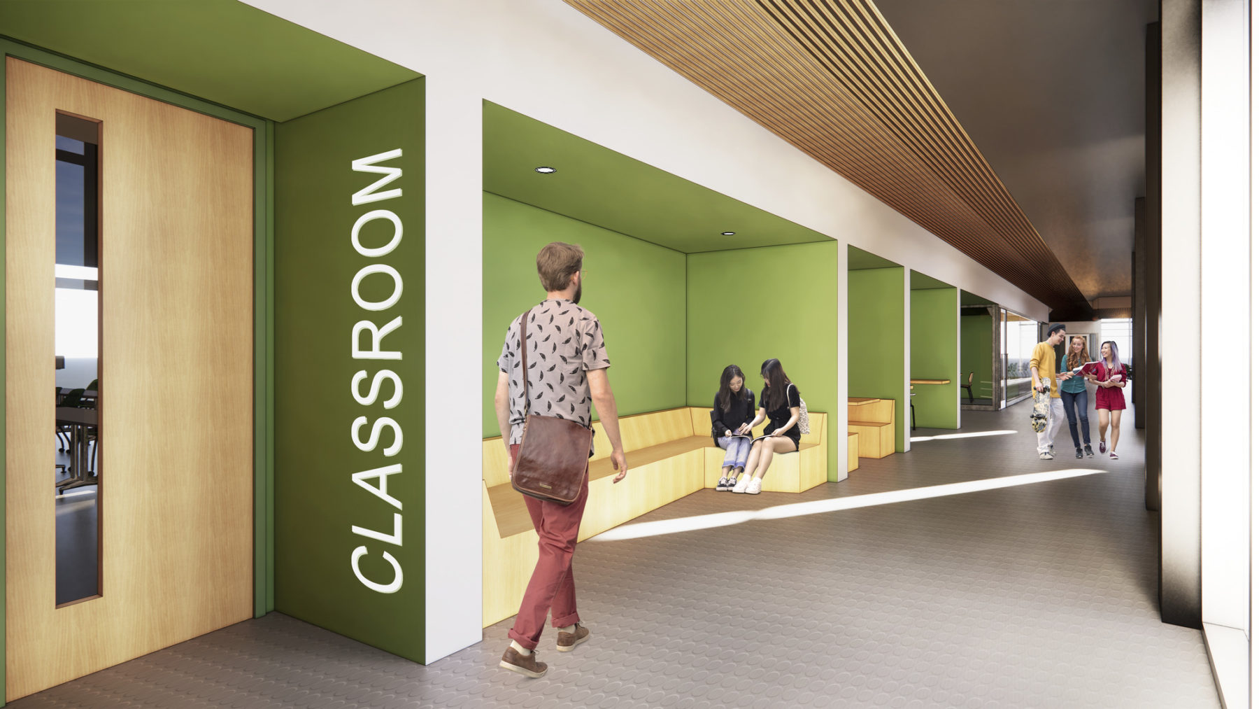 interior rendering of building corridor, students sit in nooks outside of a classroom
