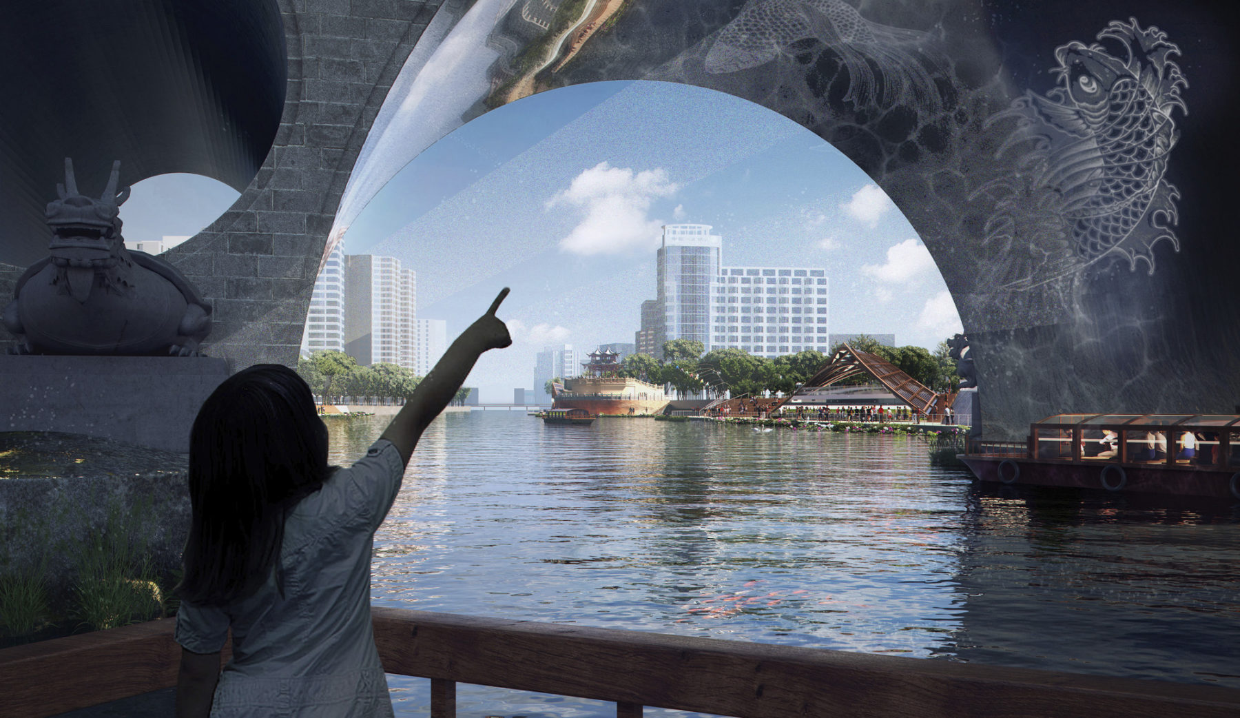 rendering of proposed underbridge design. a child points to a fish projection on the underside.