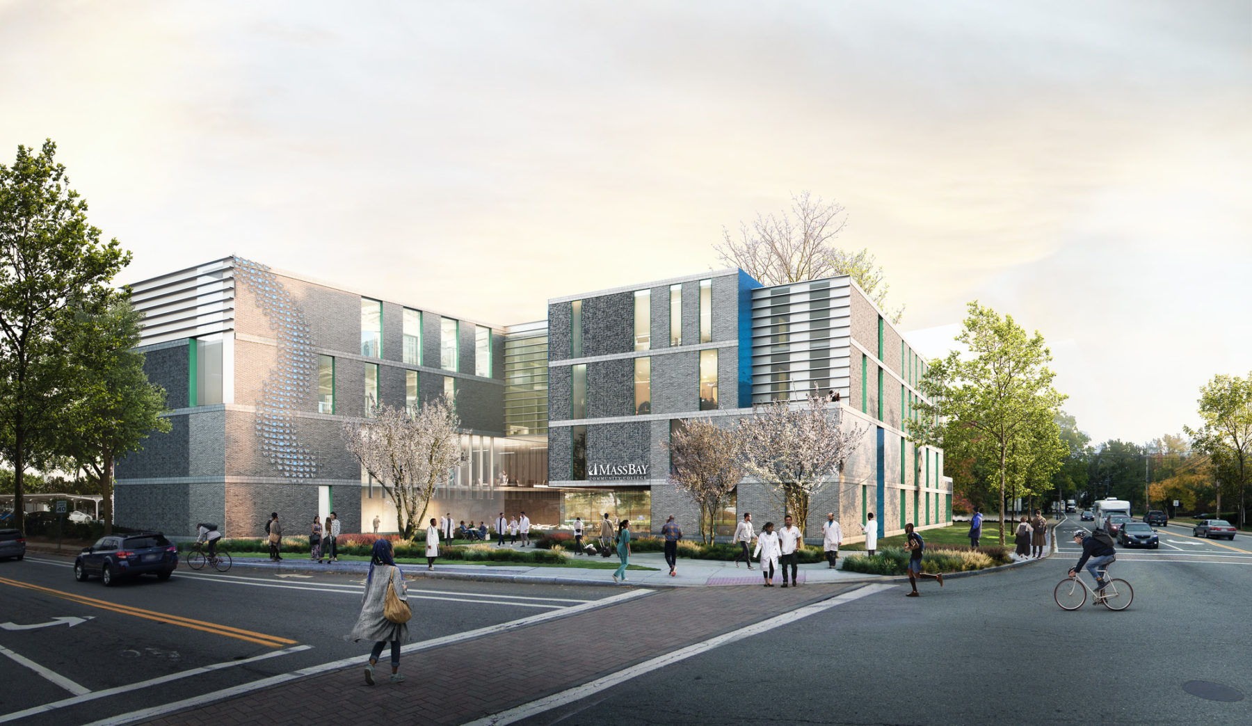 exterior rendering of the building with people crossing the street in front