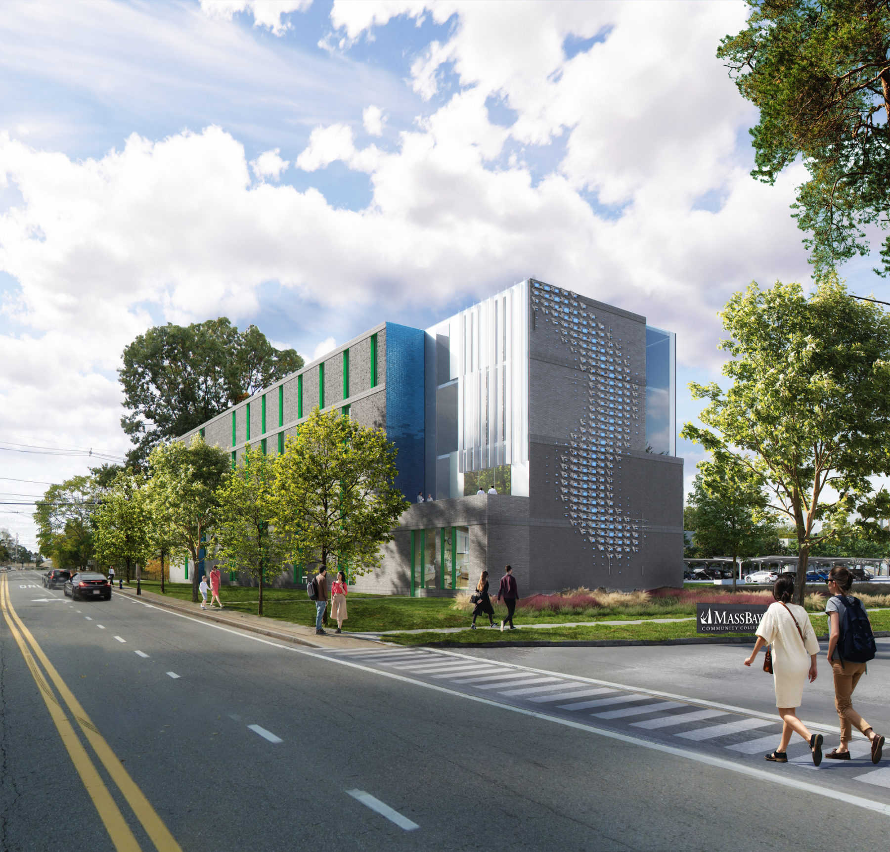 exterior rendering of short end of building featuring a public art piece
