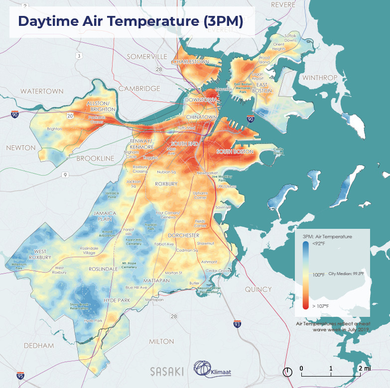 Map showing which parts of Boston experience the highest daytime air temperatures